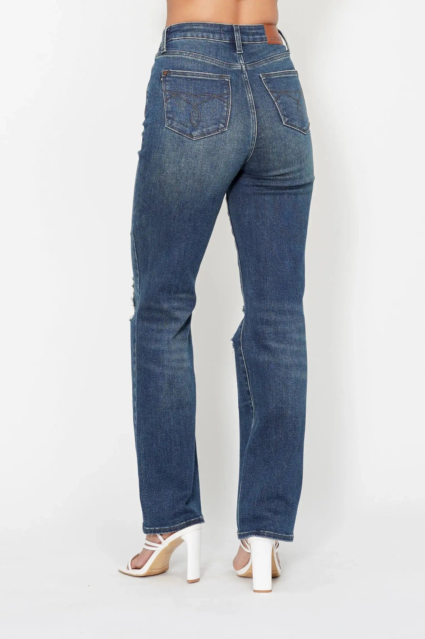 Full Size High Waist Ripped Knee Straight Leg Dad Judy Blue Jeans