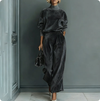 Casual Warm Velour Long-sleeved Solid Color High-neck Zipper Wide-leg Sportswear See size chart under “more details”
