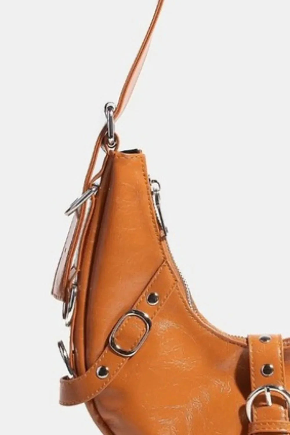 Fame Multi Belt Strap Cognac Shoulder Bag – Buckle Accent Crescent Purse