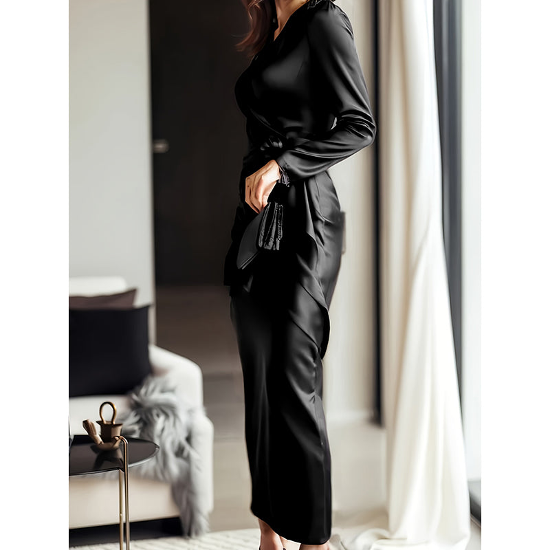 Women's Burgundy Satin Midi Dress Elegant V-Neck Long Sleeve Bodycon Dress With Belted Waist