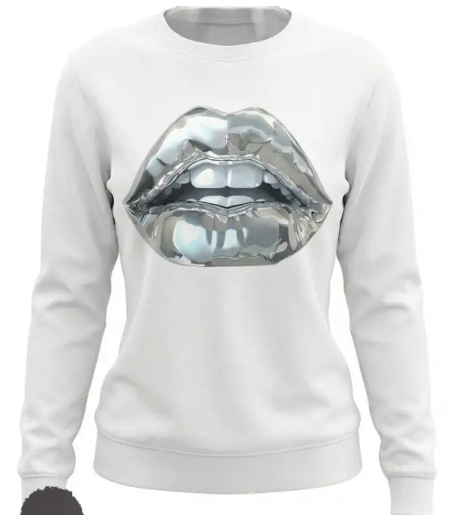 Womens Cartoon Silver Lip-Printed Sweatshirt See size chart under “more details”