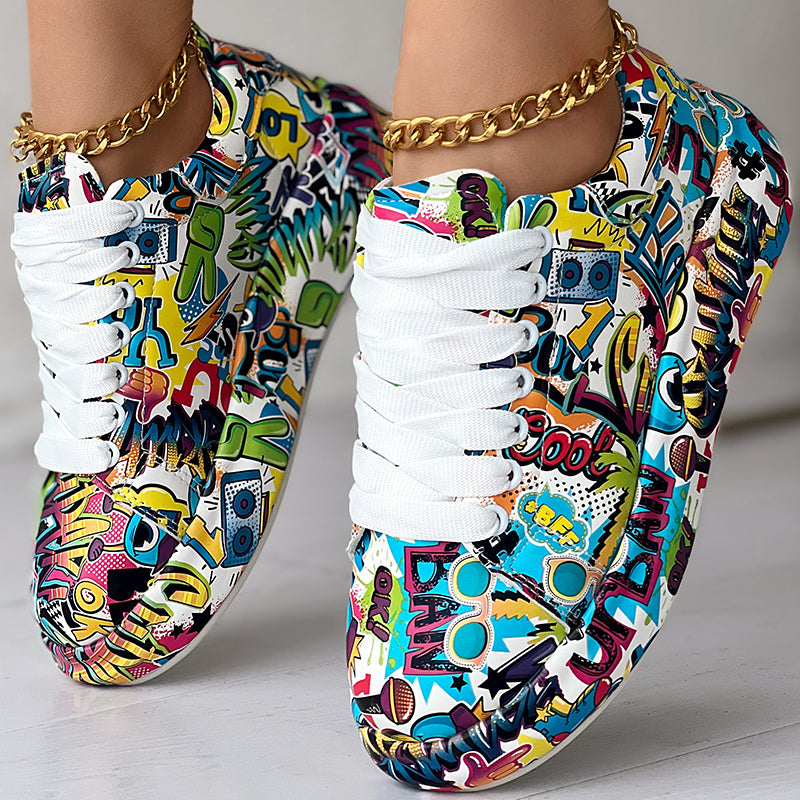 Women's Casual Round Toe Thick Sole Lace-Up Sneakers, Random Print Design, Comfortable Sporty Shoes For Daily Wear See size chart under “more details”