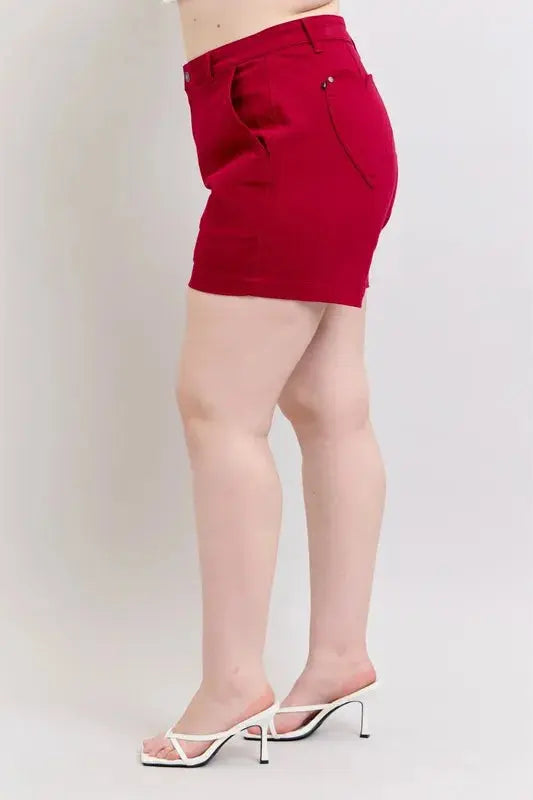 Plus Size High Waist Tummy Control Garment Dyed Heart Shaped Denim Shorts by Judy Blue Jeans