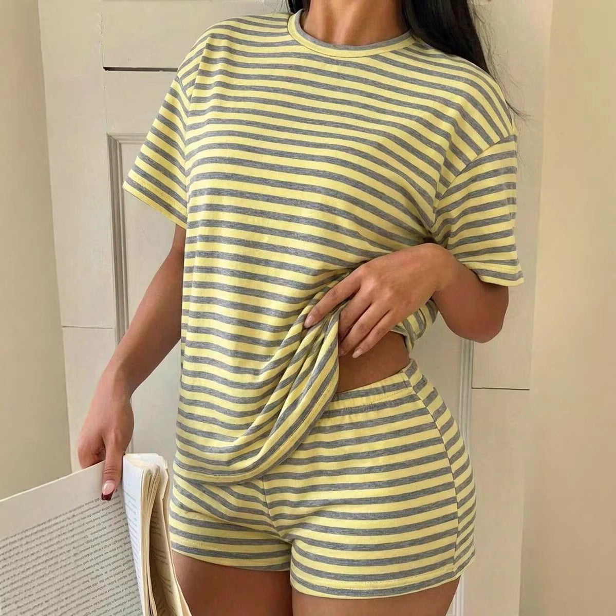 Striped Short-Sleeve T-Shirt Set Womens Fashion Summer