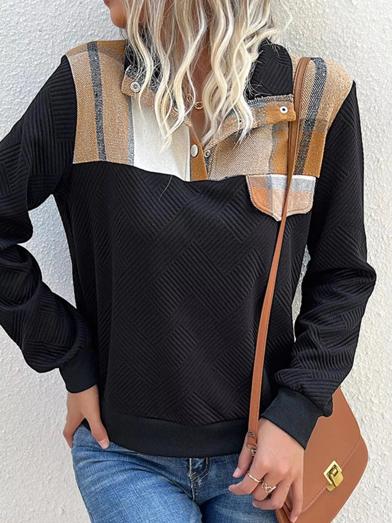 Color Block Texture Long Sleeve Sweatshirt
