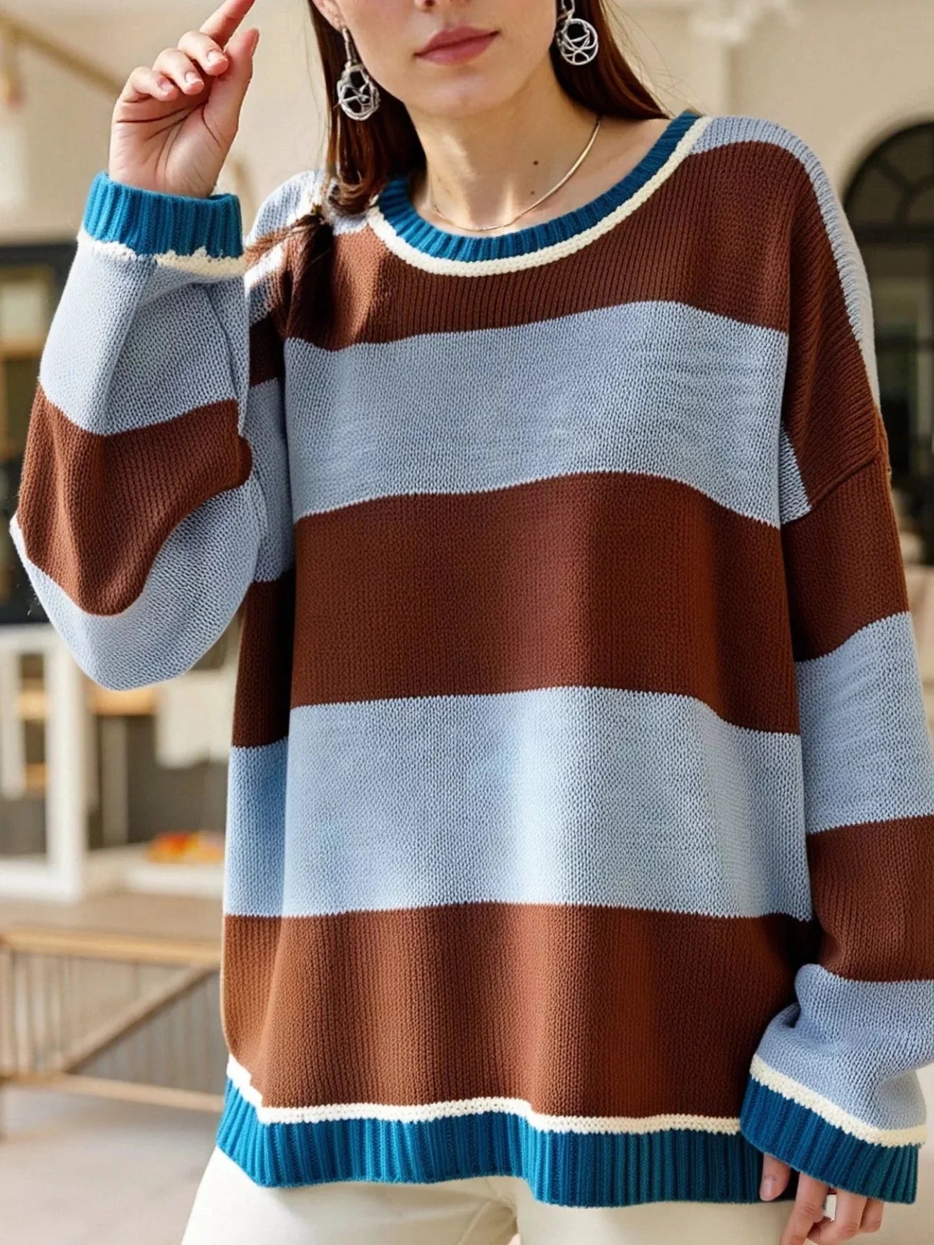 Color Block Oversized Round Neck Sweater