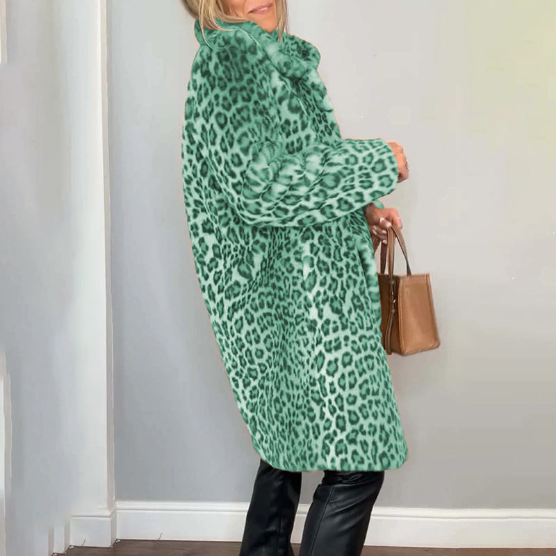 Women's Leopard Print Plush Jacket, Cozy Loose-Fit Warm Coat Elegant Medium-Length Fall Winter Outwear