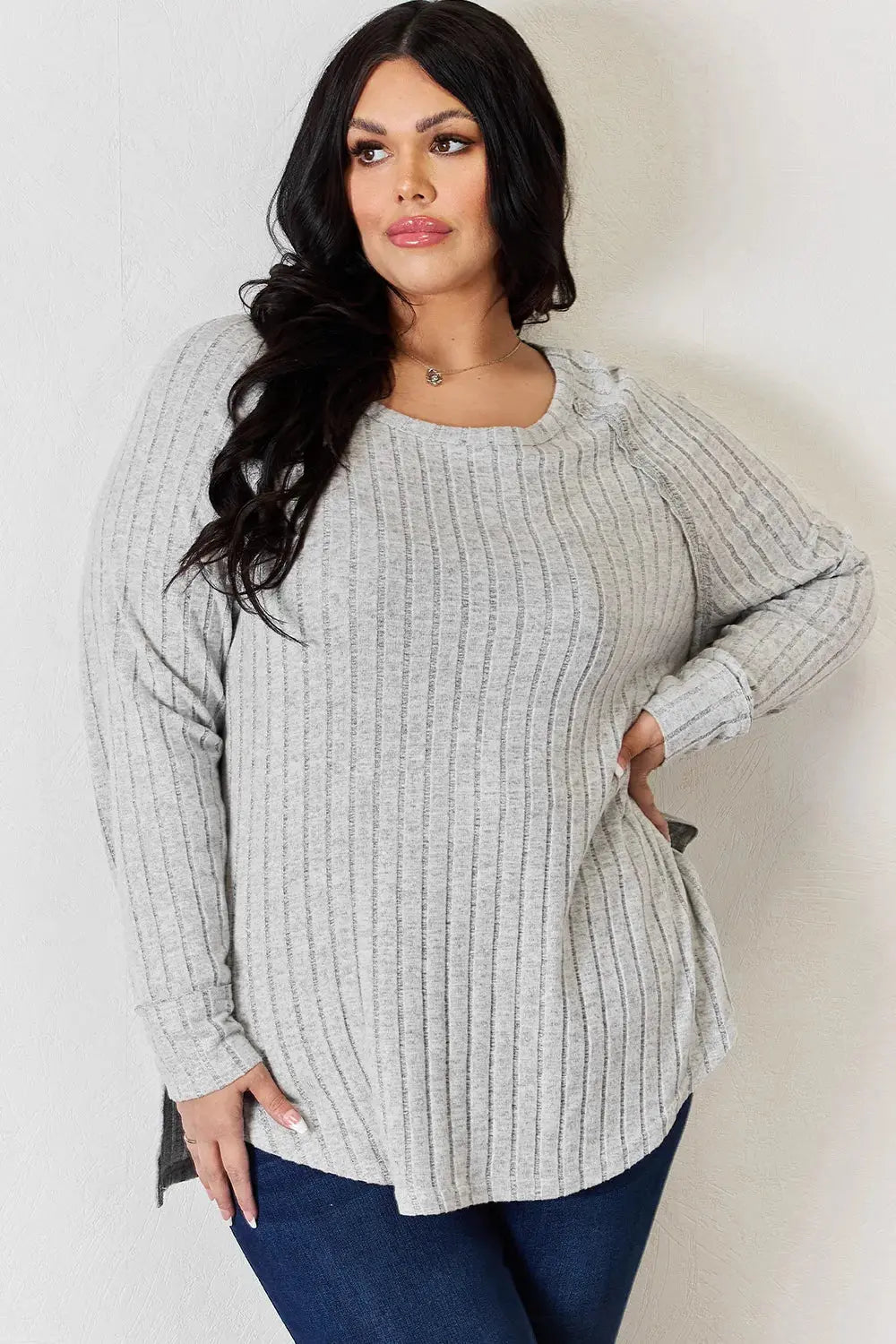 Basic Bae Ribbed Round Neck Slit Womens Long Sleeve T Shirt – Full & Plus Size