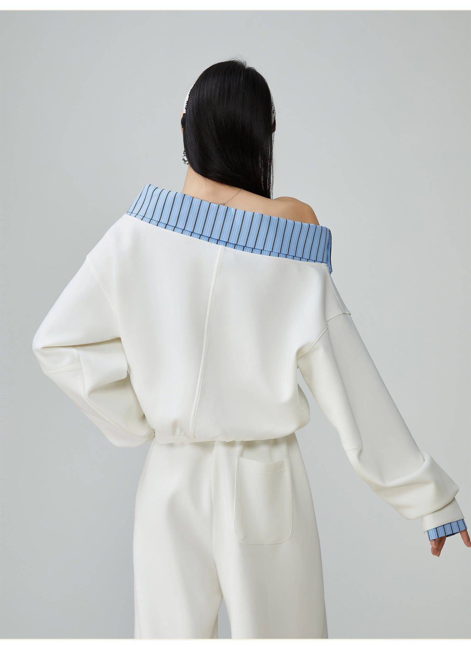 Two Piece Set Of Blue And White Striped Collared Sloping Shoulder Hoodie And Wide Leg Pants