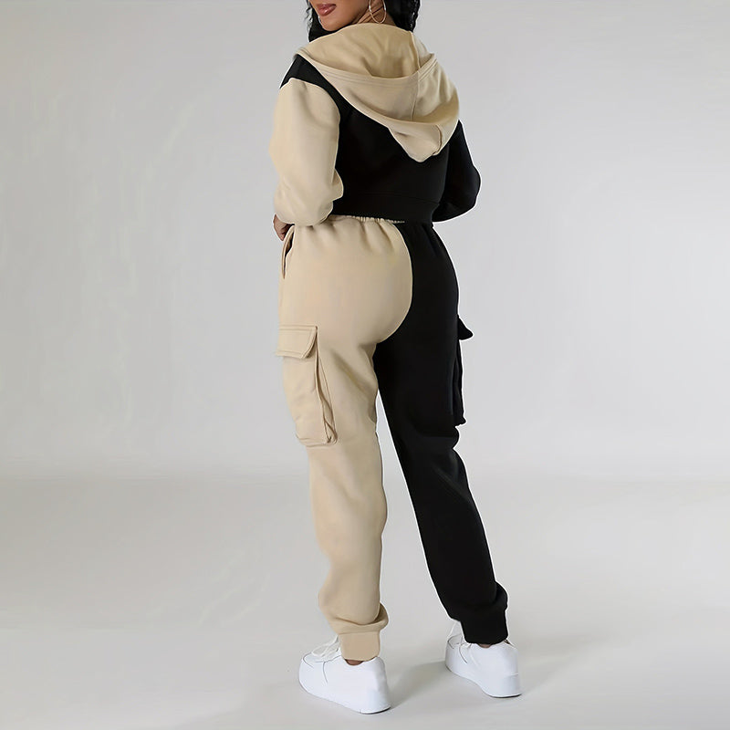 Women's Color Block 2 Piece Set, Full Zip Up Cropped Hoodie Jacket & Drawstring Cargo Pants, Casual Streetwear Outfit