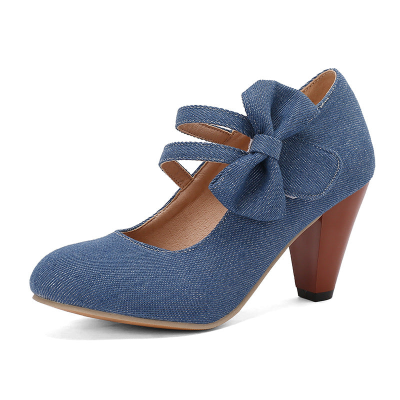 Round Toe High Heels Denim Bow See size chart under “more details”