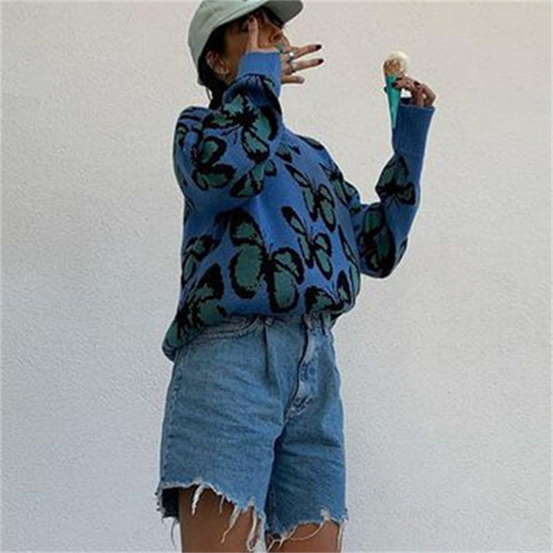 Autumn And Winter Butterfly Print Plus Size Ladies Trendy Sweater