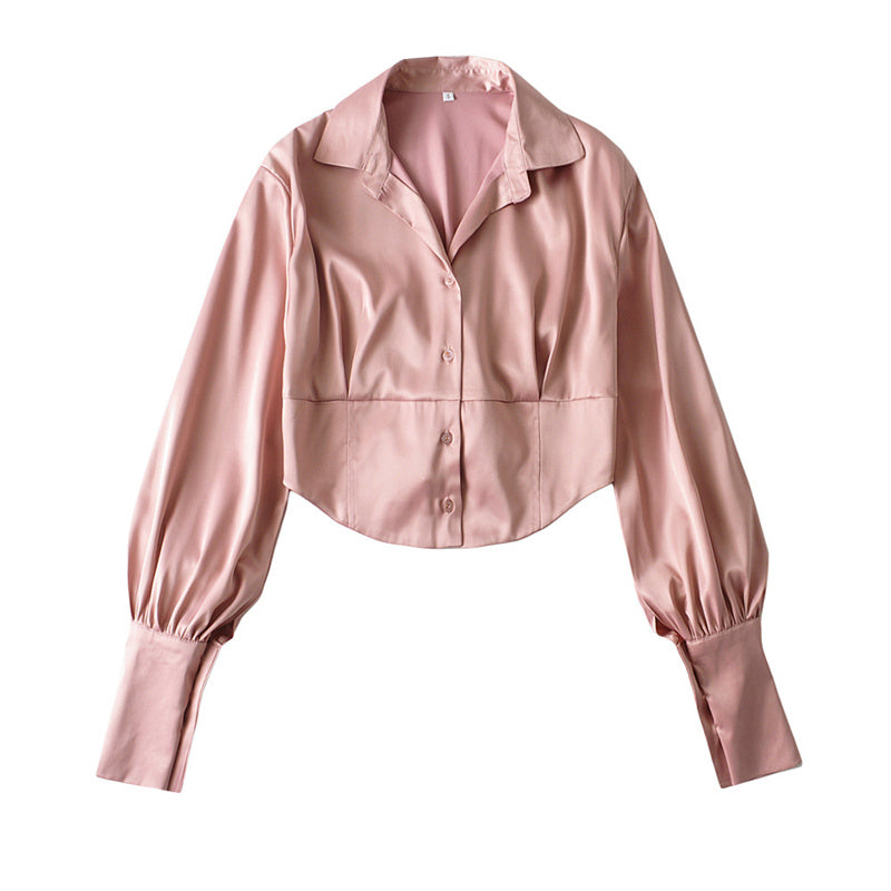 Women's Tie Waist Lapel Balloon Sleeve Shirt See size chart under “more details”
