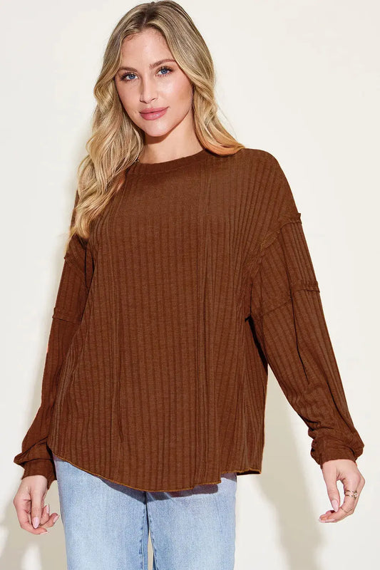 Basic Bae Full Size Round Neck Ribbed Long Sleeve T Shirt