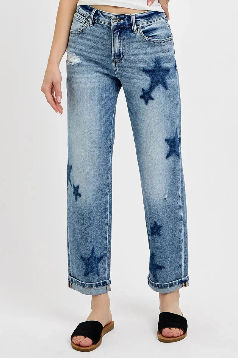 Full Size Mid Rise Boyfriend Star Shadow Detail Cuffed RISEN Jeans