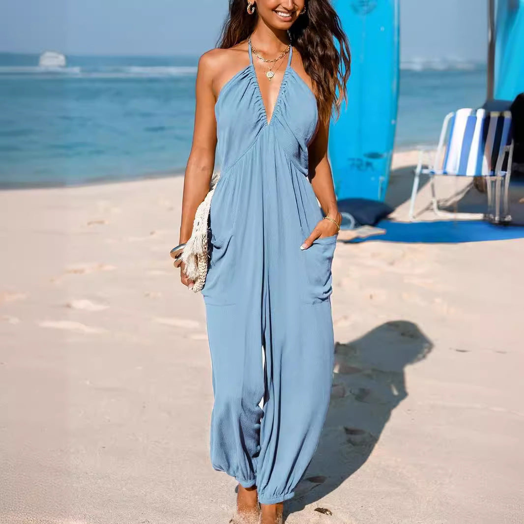 Back Lace-up Wide Leg Beam Foot Length Jumpsuit (see size chart under more details)