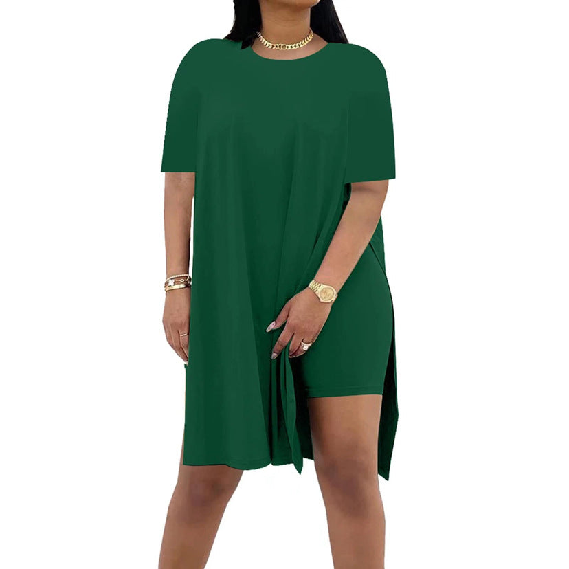 Summer Solid-Color Loose Crew-Neck Short-Sleeve Pants Two-Piece Set