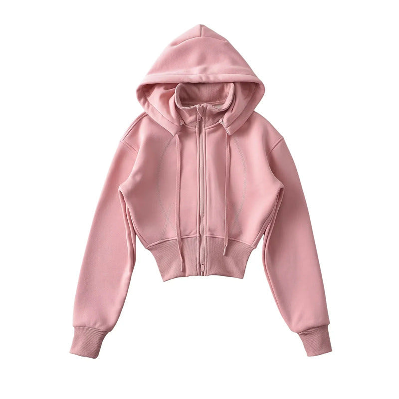 European And American Style Fleece-lined Waist Stand Collar Detachable Hooded Zipper Sweatshirt See size chart under “more details”