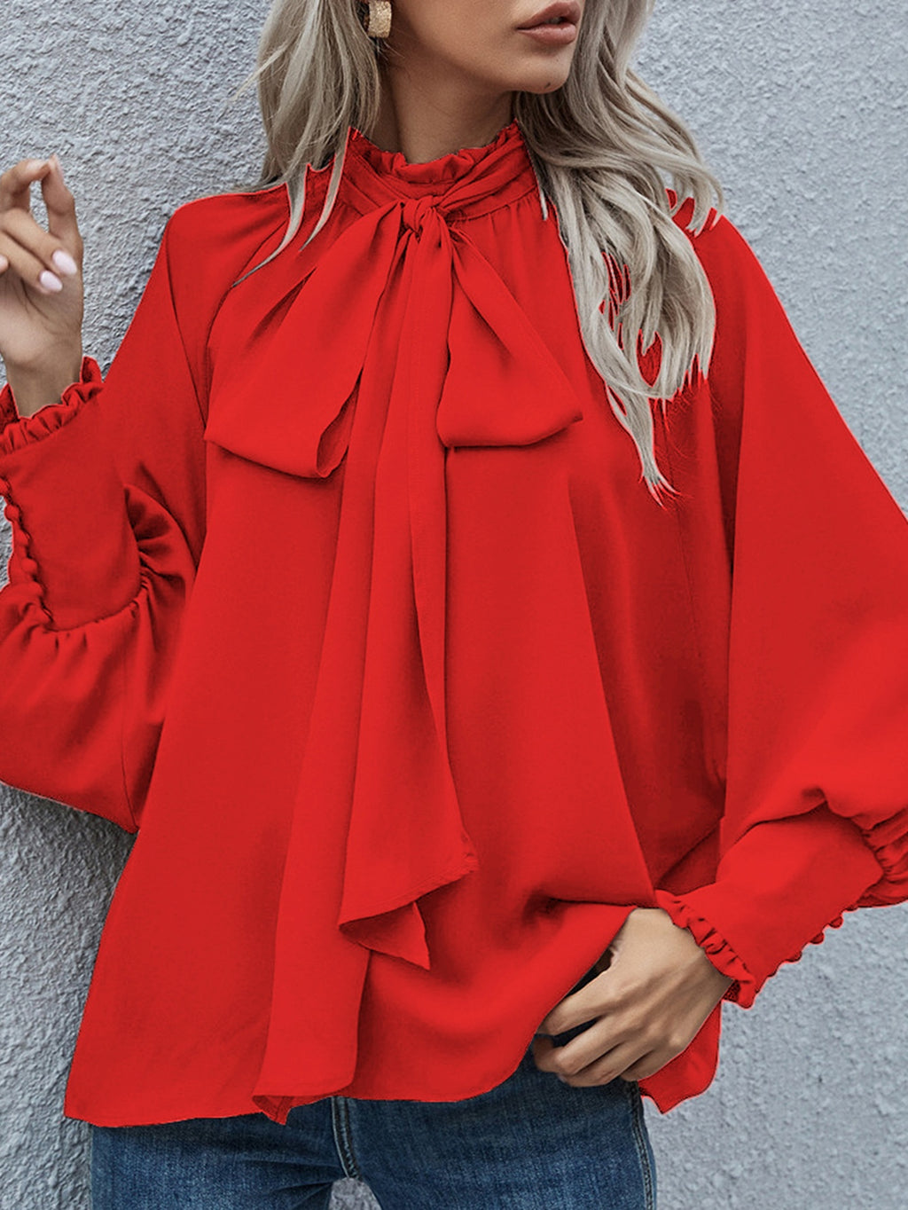 Ins Long-sleeved Blouse Bowknot Puff Sleeves Fashion Commuter Office Tops Women's Clothing See size chart under “more details”
