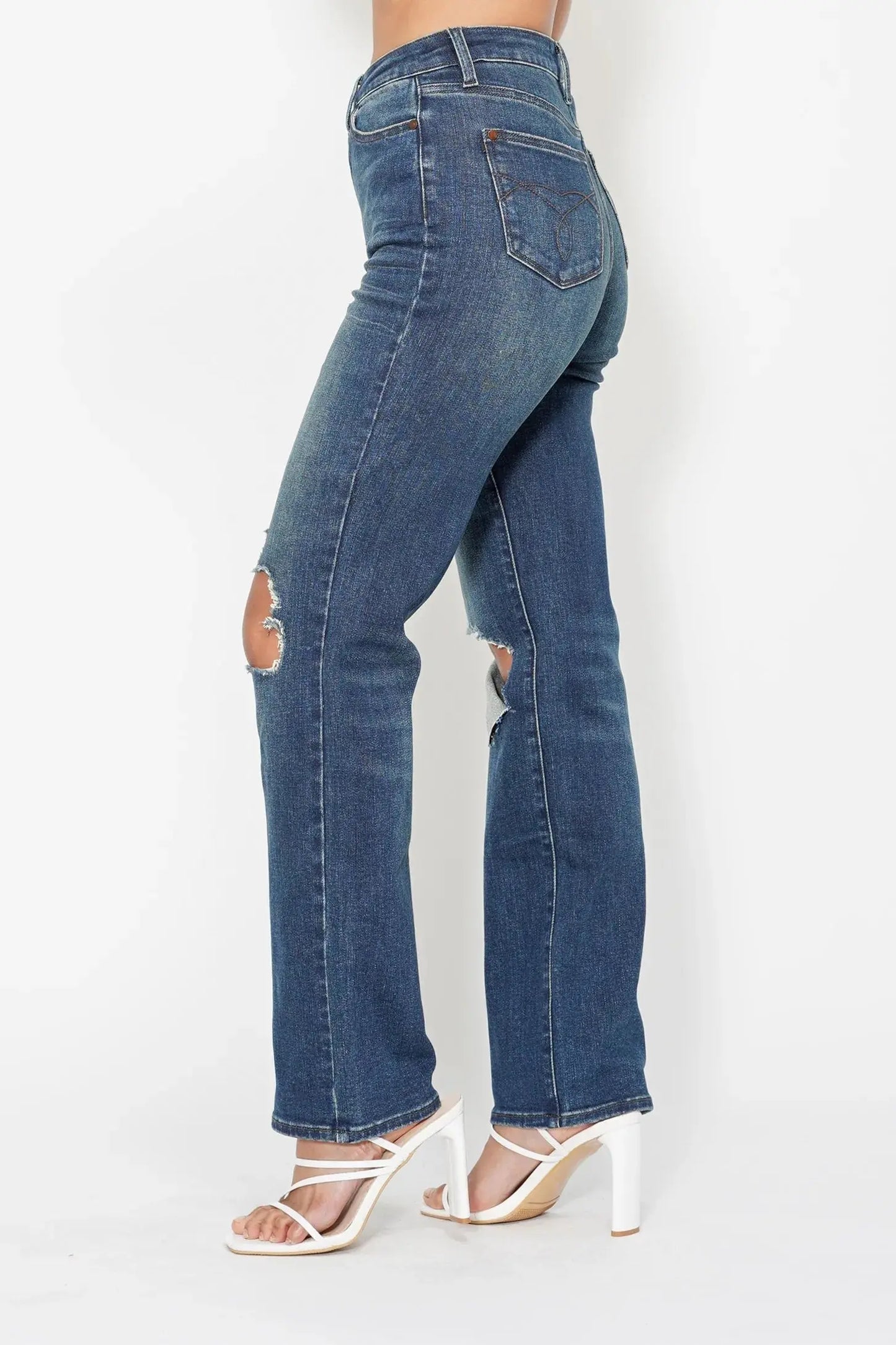 Full Size High Waist Ripped Knee Straight Leg Dad Judy Blue Jeans