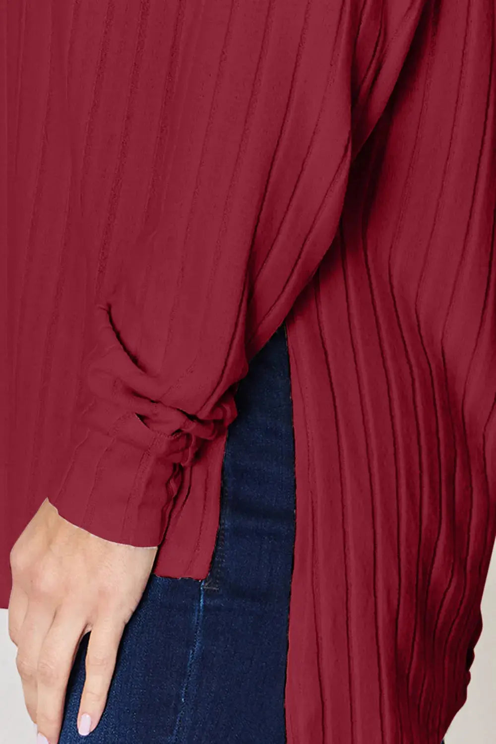 Basic Bae Ribbed Round Neck Slit Womens Long Sleeve T Shirt – Full & Plus Size