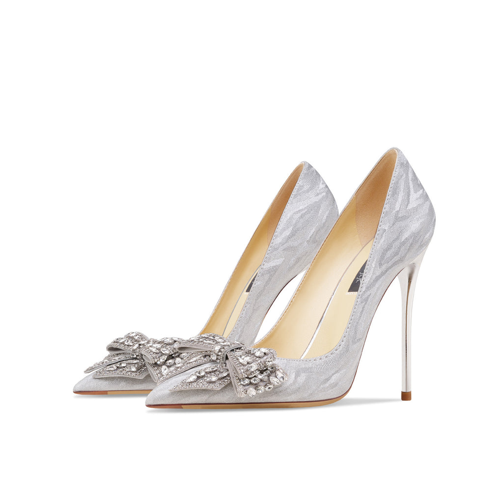Genuine Leather Rhinestone Silver Bow High Heels See size chart under “more details”