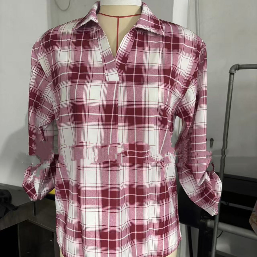 Lapel Loose Women's Plaid Shirt Commuter Style See size chart under “more details”