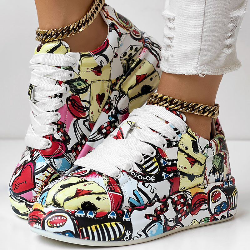 Women's Casual Round Toe Thick Sole Lace-Up Sneakers, Random Print Design, Comfortable Sporty Shoes For Daily Wear See size chart under “more details”