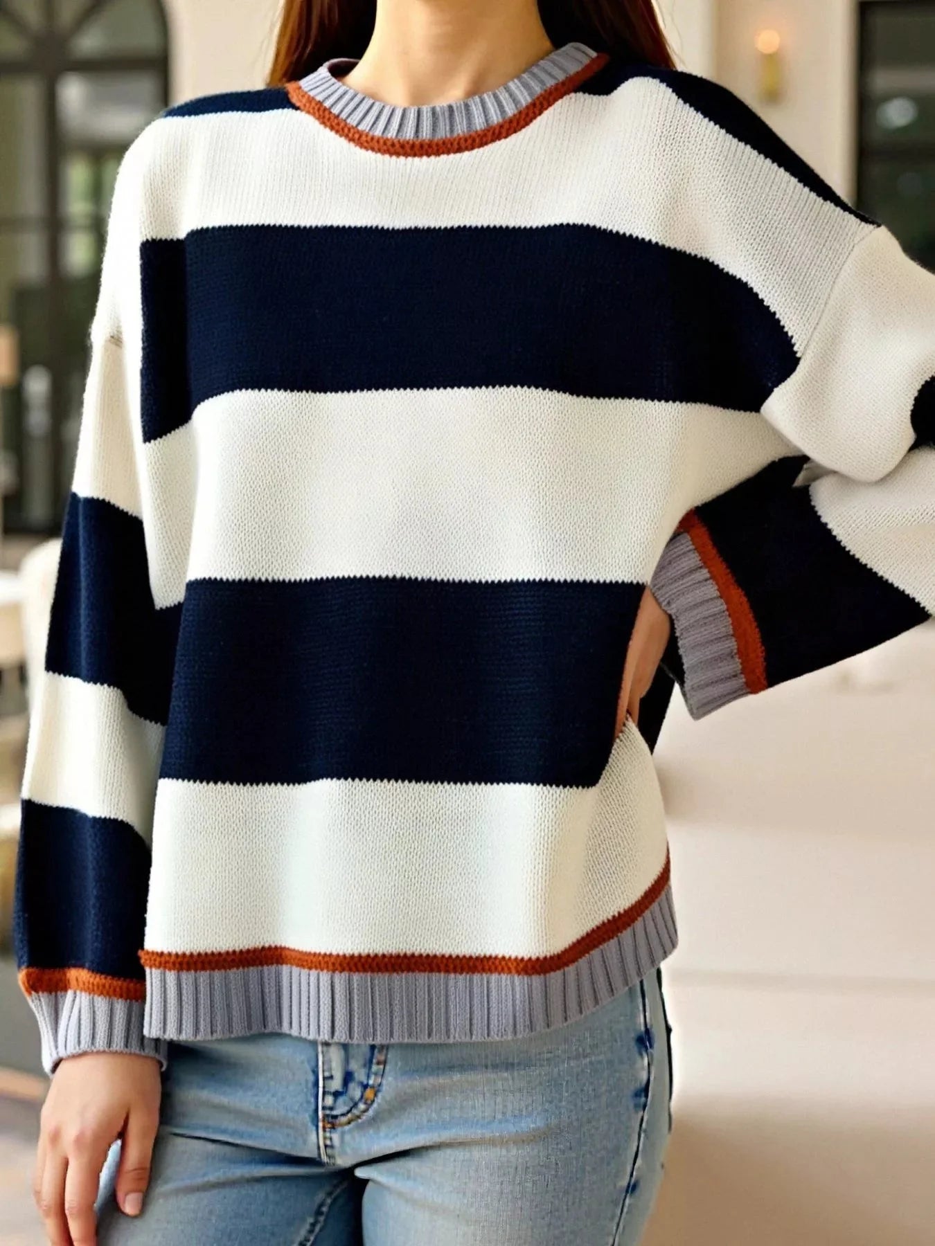 Color Block Oversized Round Neck Sweater