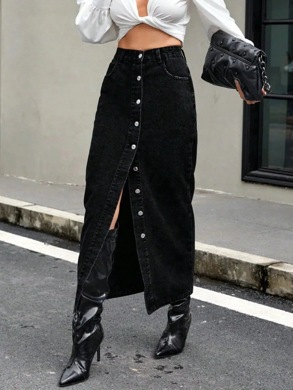 Cosmic Allure Black Denim Maxi Skirt with Slit
