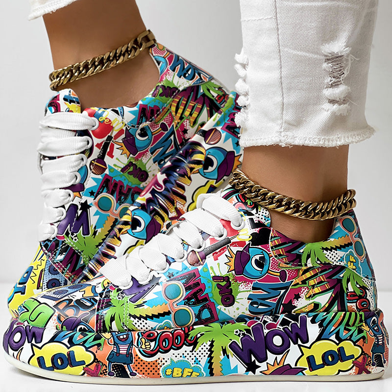 Women's Casual Round Toe Thick Sole Lace-Up Sneakers, Random Print Design, Comfortable Sporty Shoes For Daily Wear See size chart under “more details”