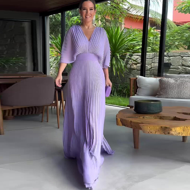 Women's Solid Color And V-neck Bat Sleeve High Waist Dress See size chart under “more details”