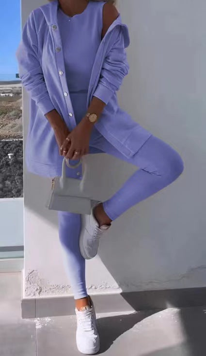 Women's Fashion Sports And Leisure Hooded Sweater Vest Pants Three-piece Set