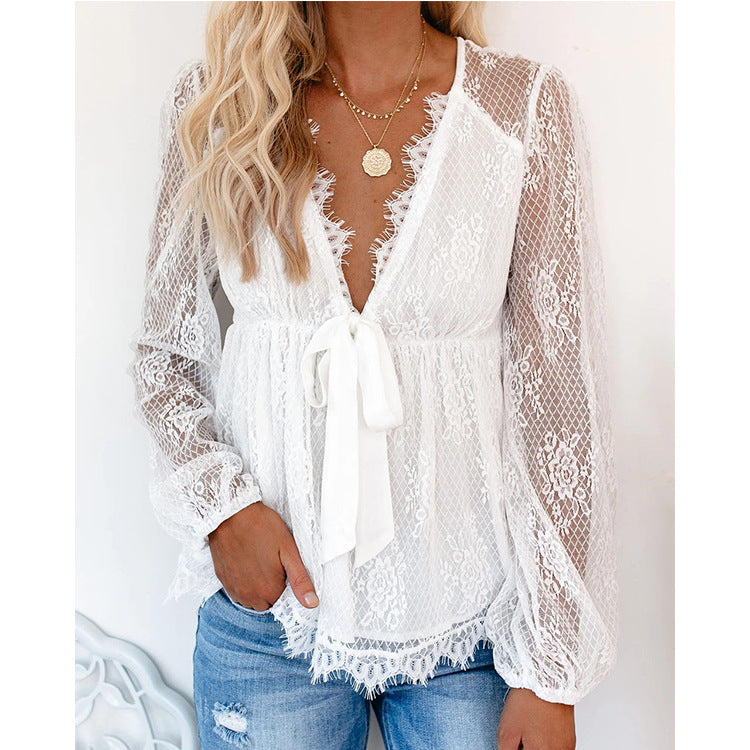 Cross Border Foreign Trade Autumn And Winter Sexy Perspective V-neck Bow Long Sleeve Lace Top