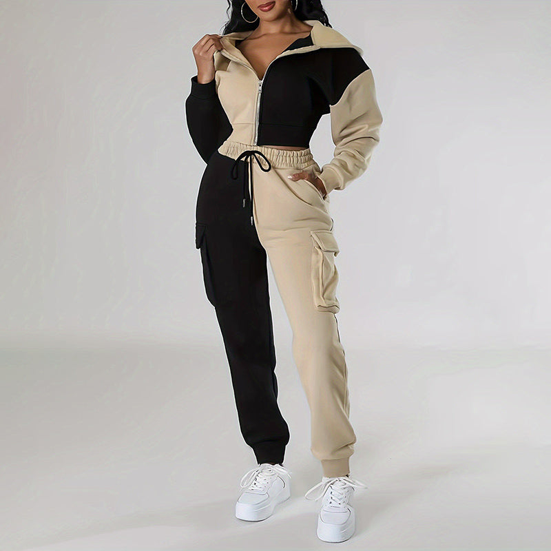 Women's Color Block 2 Piece Set, Full Zip Up Cropped Hoodie Jacket & Drawstring Cargo Pants, Casual Streetwear Outfit