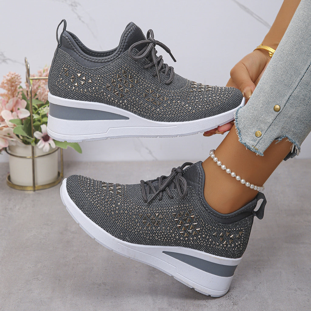 Ins Rhinestone Sneakers Fashion Lace Up Wedges Casual Shoes Women's Daily Commuting Sports Shoes See size chart under “more details”