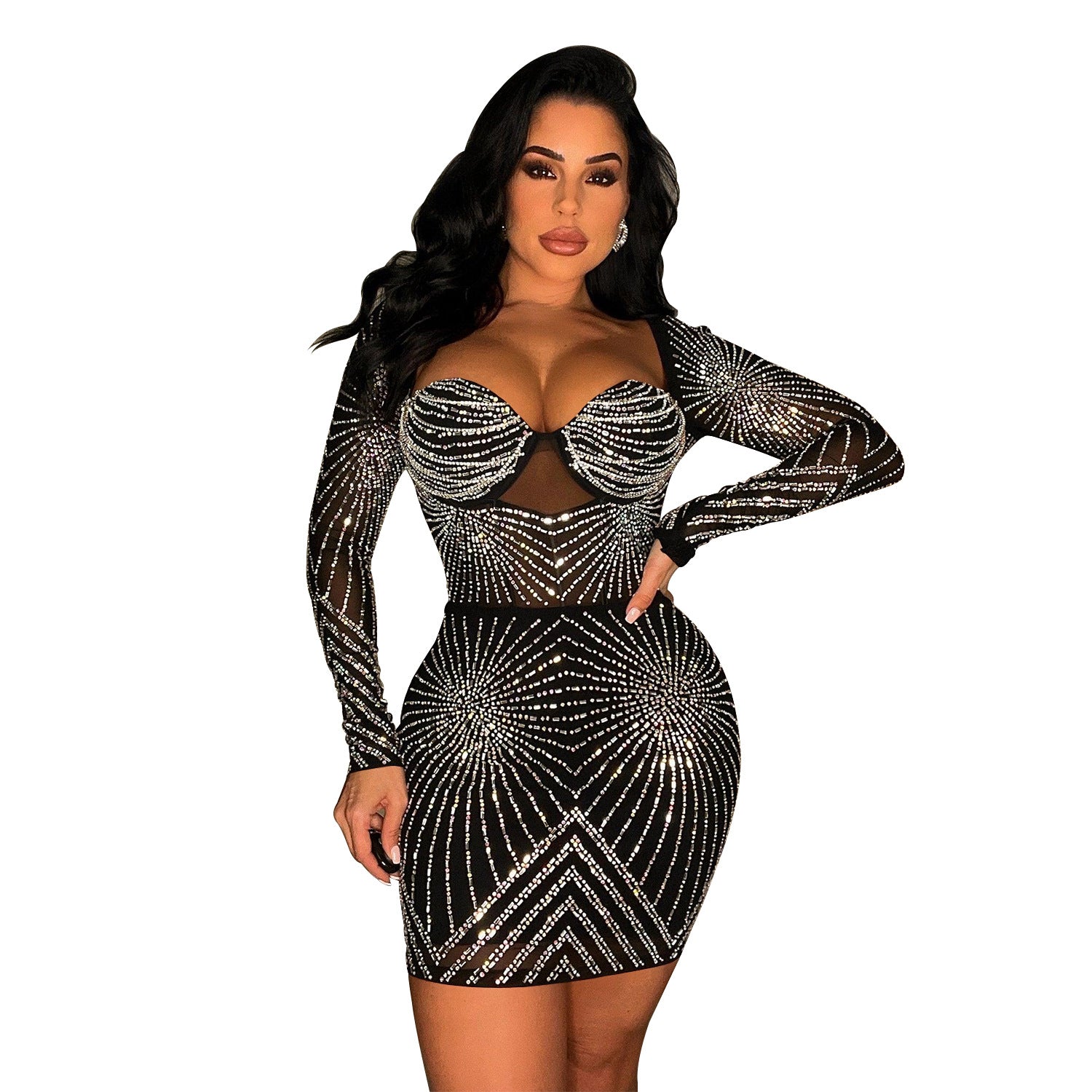 Women's Pure Color Mesh Rhinestone Long Sleeve Short Dress