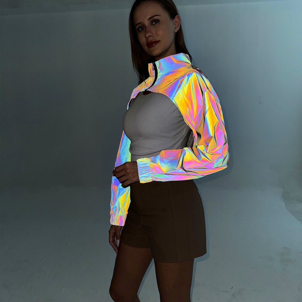 Women's Colorful Reflective Short Coat European And American See size chart under “more details”