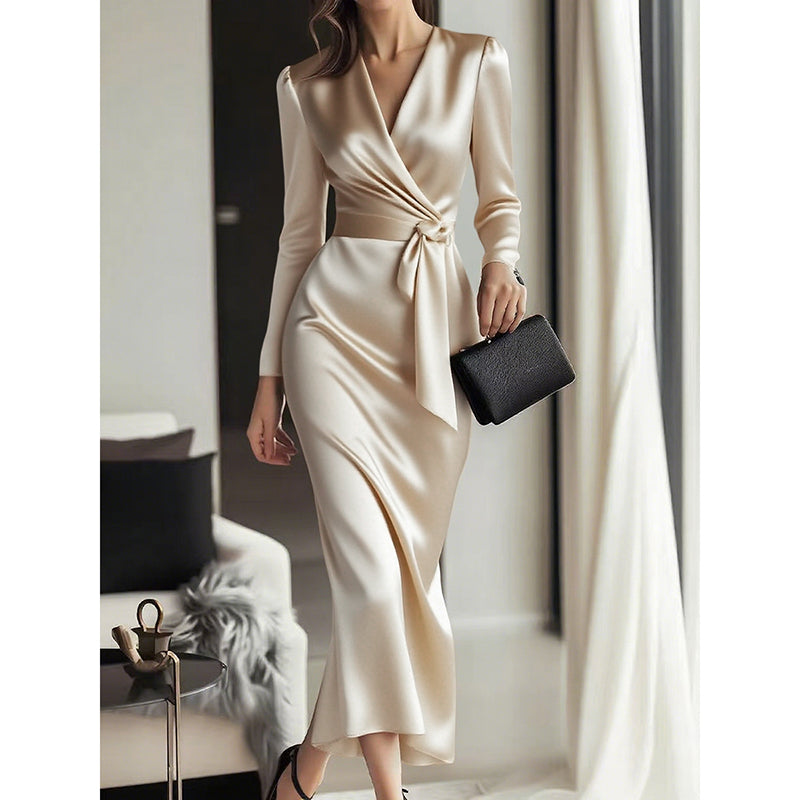 Women's Burgundy Satin Midi Dress Elegant V-Neck Long Sleeve Bodycon Dress With Belted Waist