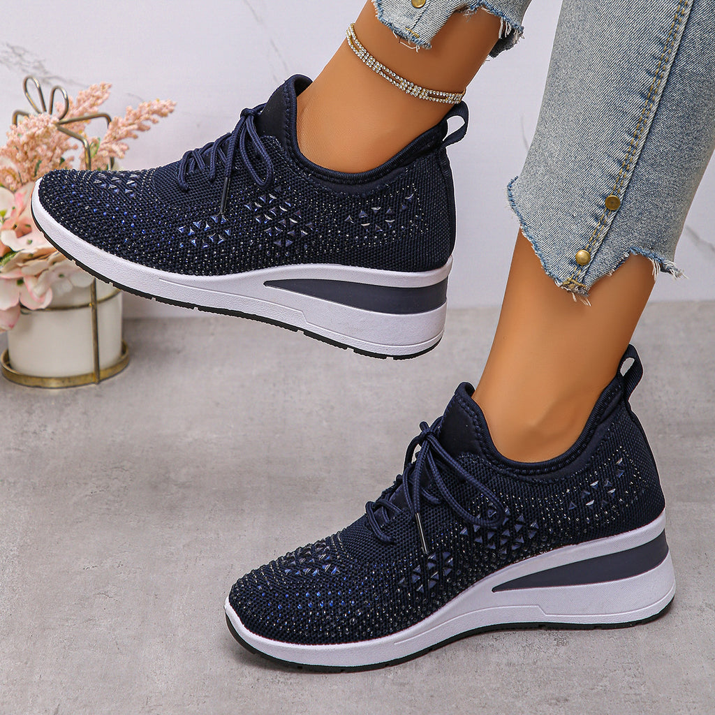 Ins Rhinestone Sneakers Fashion Lace Up Wedges Casual Shoes Women's Daily Commuting Sports Shoes See size chart under “more details”