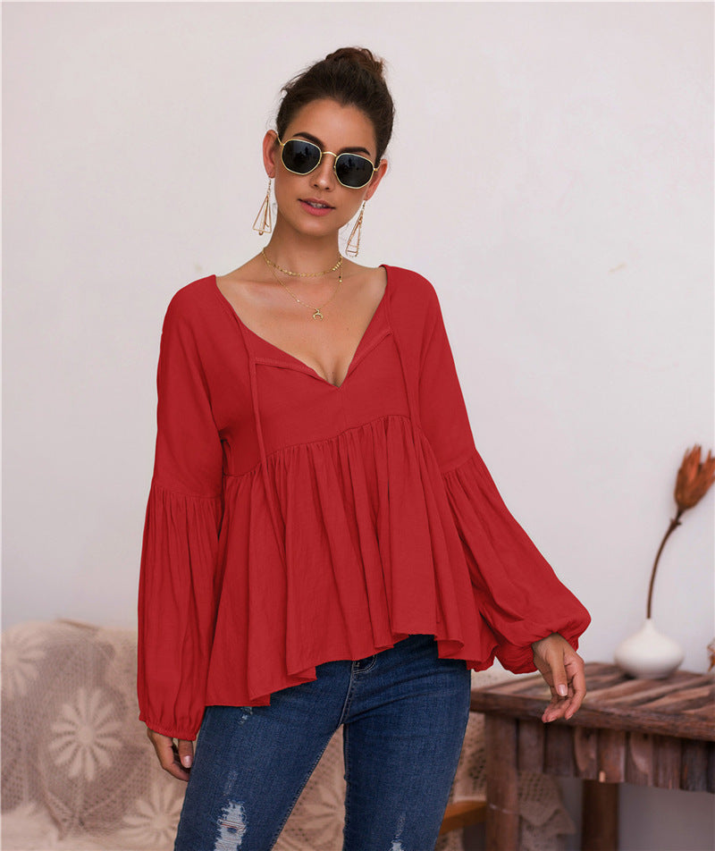 Puff Sleeve Solid Color V-neck Blouse T-shirt