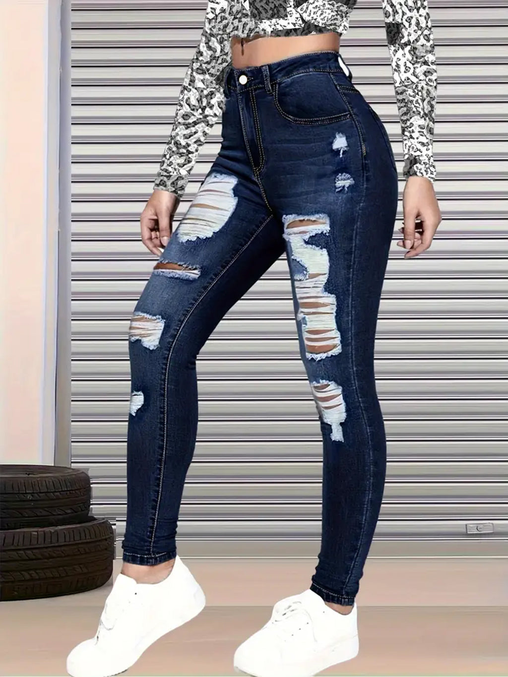 New High Waisted, Hip Lifted, Tight Fitting Women's Jeans With A Ripped Nine Quarter Cut, Suitable For Minimalist Fashion In Summer See size chart under “more details”