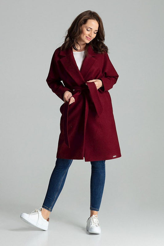 Carivelle Maroon Belted Coat with Wide Lapels