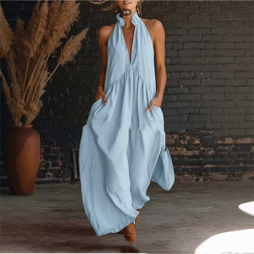 Elegant Resort-Style Mandarin-Collar Cotton-Linen Dress (see size chart under more details)