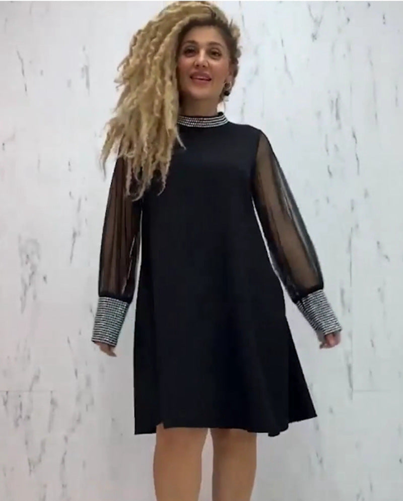 Fashion Diamond Round-neck Long-sleeved Dress Women's Clothing