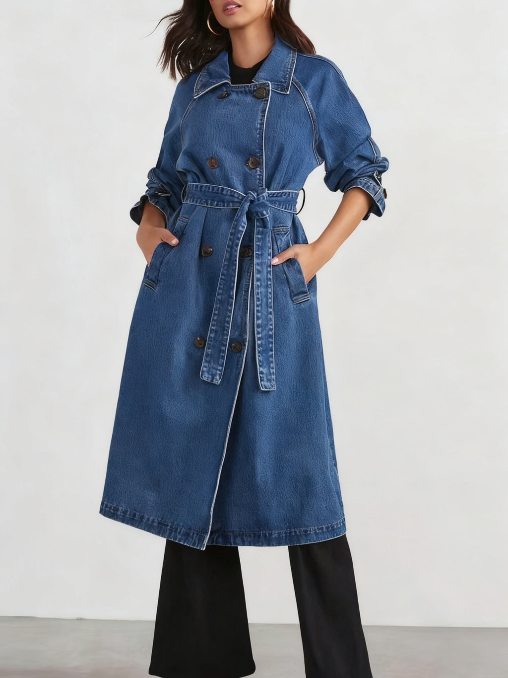 New Fashionable Denim Women's Windbreaker, Pure Color Turtleneck Long-sleeved Lace-up Long Denim Jacket For Women See size chart under “more details”