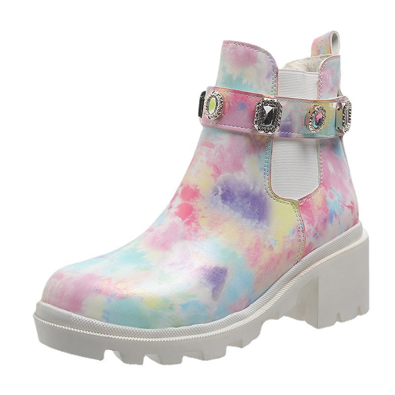 Euro-American Fashion Rhinestone Chunky-heel Trendy Boots See size chart under “more details”