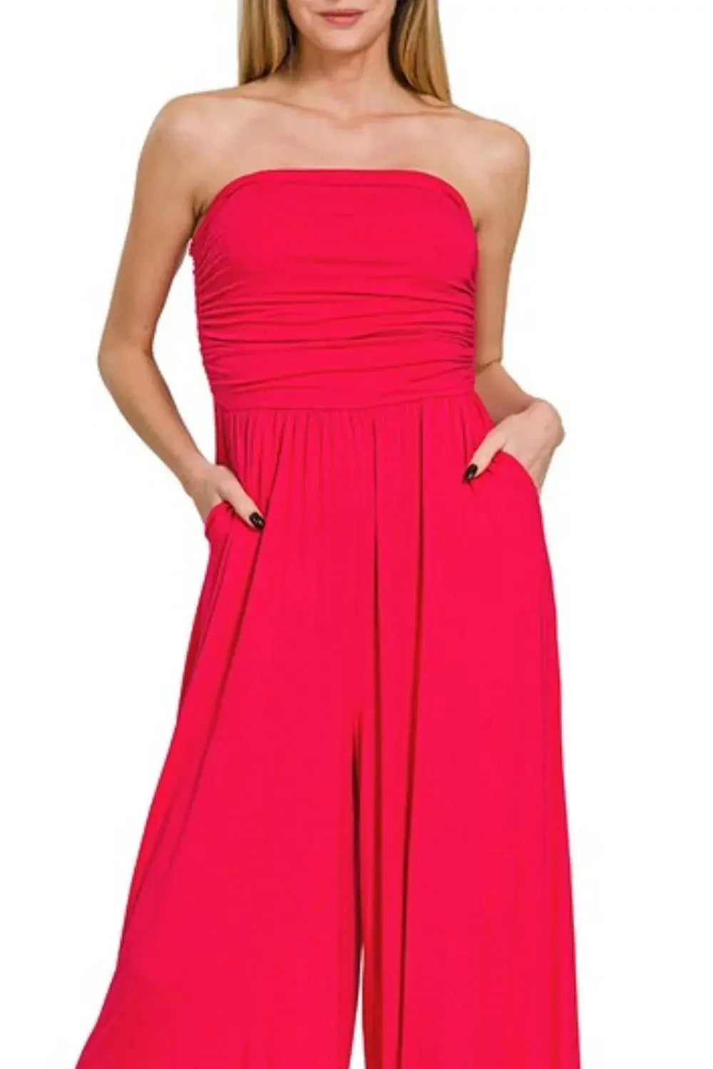 Zenana Strapless Ruched Tube Jumpsuit with Pockets – Red Culotte Style