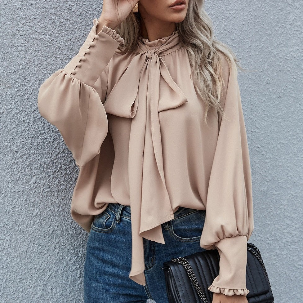 Ins Long-sleeved Blouse Bowknot Puff Sleeves Fashion Commuter Office Tops Women's Clothing See size chart under “more details”