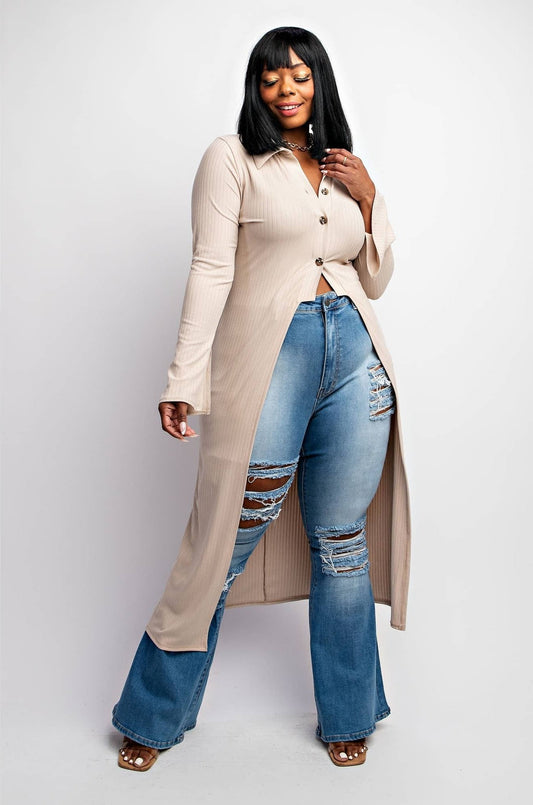 DELIAH PLUS SIZE RIB-KNIT CARDIGAN WITH BUTTON UP FRONT